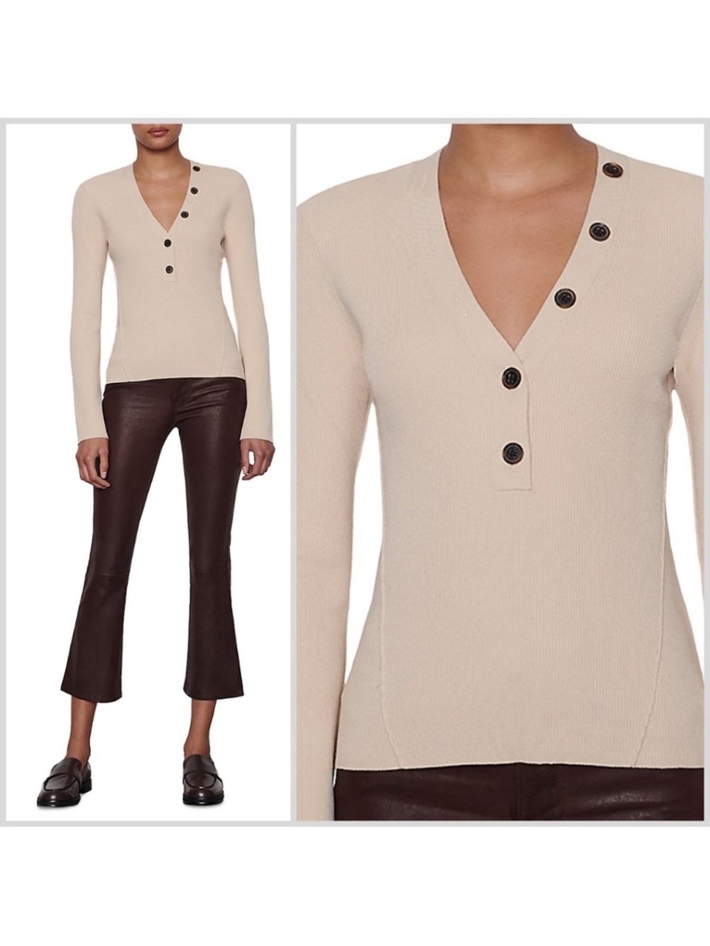 Frame | Rib-Knit V-Neck Top in Vanilla Beige Size Small